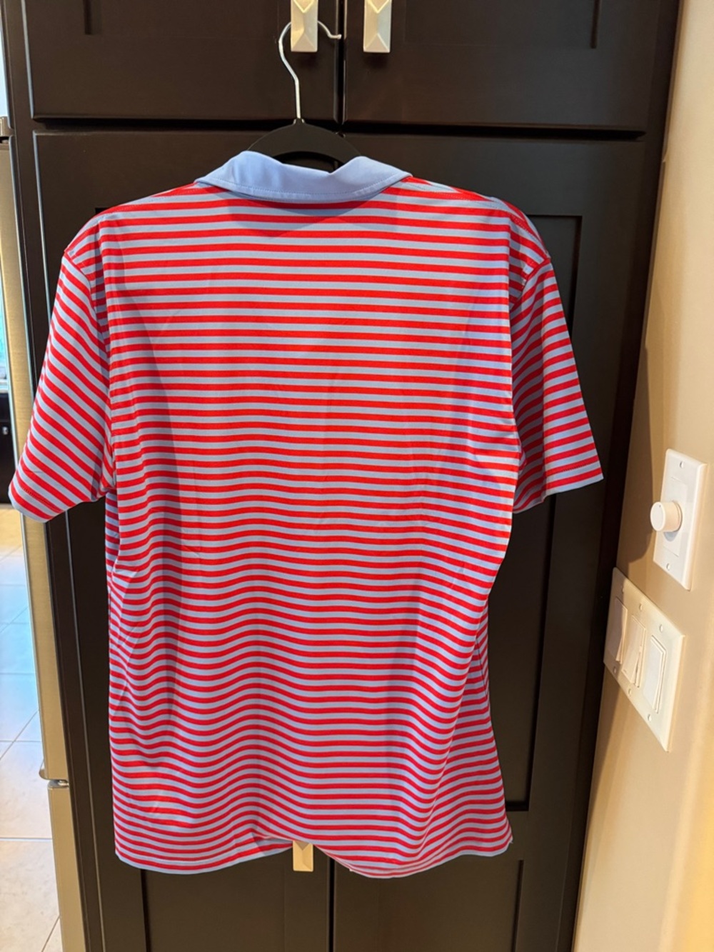 G/FORE Red and Light Blue Striped Polo with Light Blue Collar. Size medium. - Picture 4 of 4